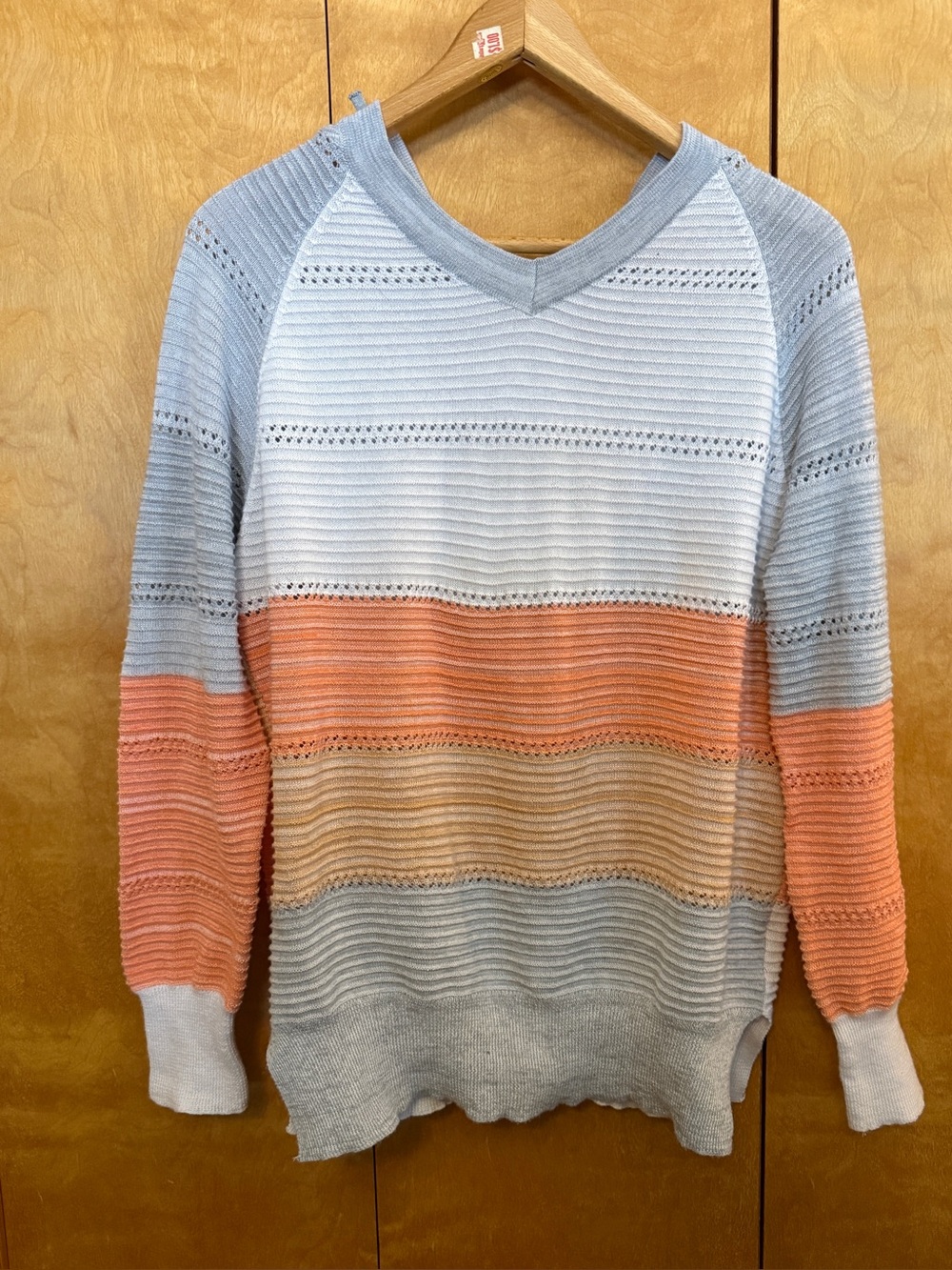 Striped Hooded V-Neck Cable knit Striped Sweater Orange gray & White size Large